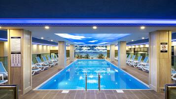 2 indoor pools, seasonal outdoor pool, pool umbrellas, pool loungers
