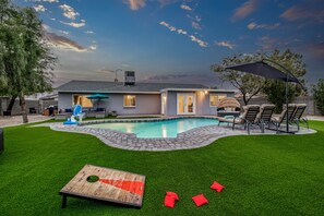 Outdoor pool, a heated pool, pool loungers - Your Home Away from Home: Free Heated Pool, Game Room, Mini-Golf, BBQ, Lux Home (Mesa)