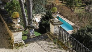Una escalera de piedra conduce a una zona de piscina rodeada de vegetación y construcciones de piedra.