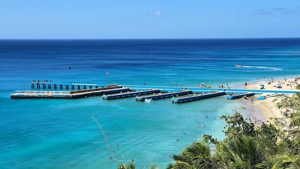 A pier extending into the ocean with a beach and people on the shore.