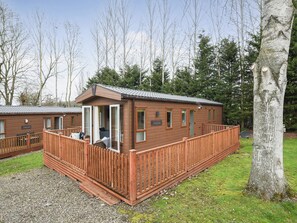 A wooden cabin with a deck, a small porch, and a sign reading "Marion Lodge".