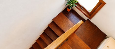 Una escalera de madera con barandilla, una planta en maceta y una ventana con vistas.