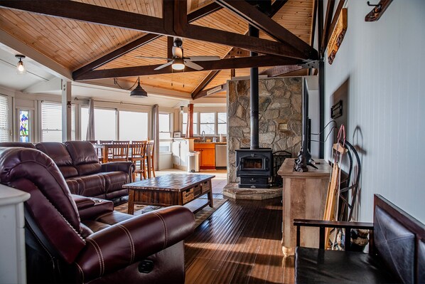 TV, fireplace, video games, foosball