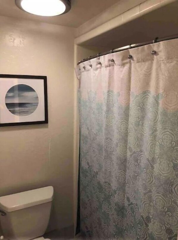 A bathroom with a toilet, a framed picture on the wall, and a shower curtain. - Beautiful 3,000 Sq Ft Tropical Oasis (El Cajon)