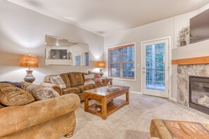 Televisión, chimenea y libros 