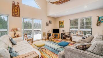 TV, DVD player, video library, stereo