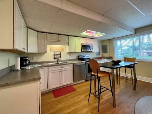 Fridge, microwave, oven, dishwasher