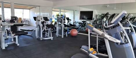Une salle de sport équipée de tapis de course, d’appareils de musculation et de ballons d’exercice.