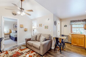 TV, fireplace - Dog-friendly, mountain-view cabin with shared hot tub, fireplace, & central AC (Morrisville)