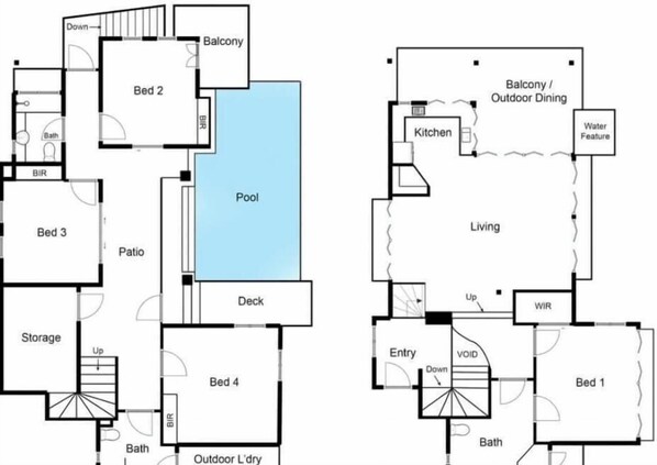 A floor plan with four bedrooms, a pool, a balcony, a kitchen, and a living area.
