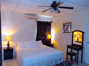 Une chambre d’hôtel avec un lit, deux lampes de chevet, un ventilateur de plafond, un climatiseur, un tableau encadré et un miroir.