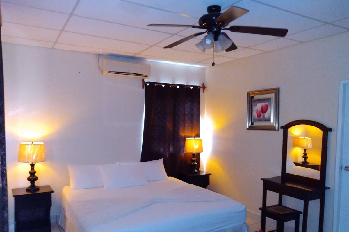 Une chambre à coucher avec un lit, deux tables de chevet avec des lampes, un ventilateur de plafond, un appareil de climatisation, un tableau encadré au mur et une porte.