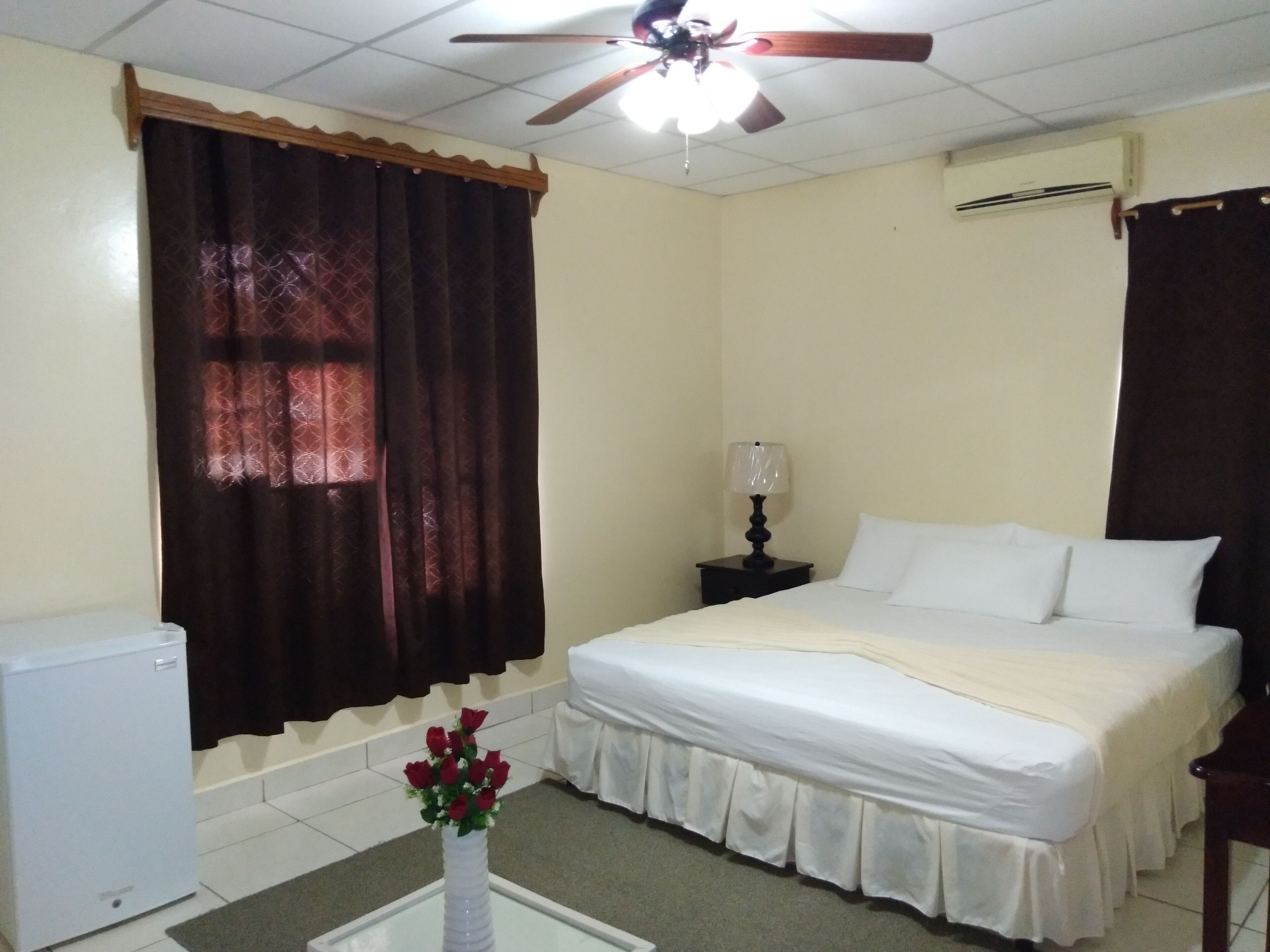 A hotel room with a bed, a nightstand with a lamp, a ceiling fan, and a window with curtains.