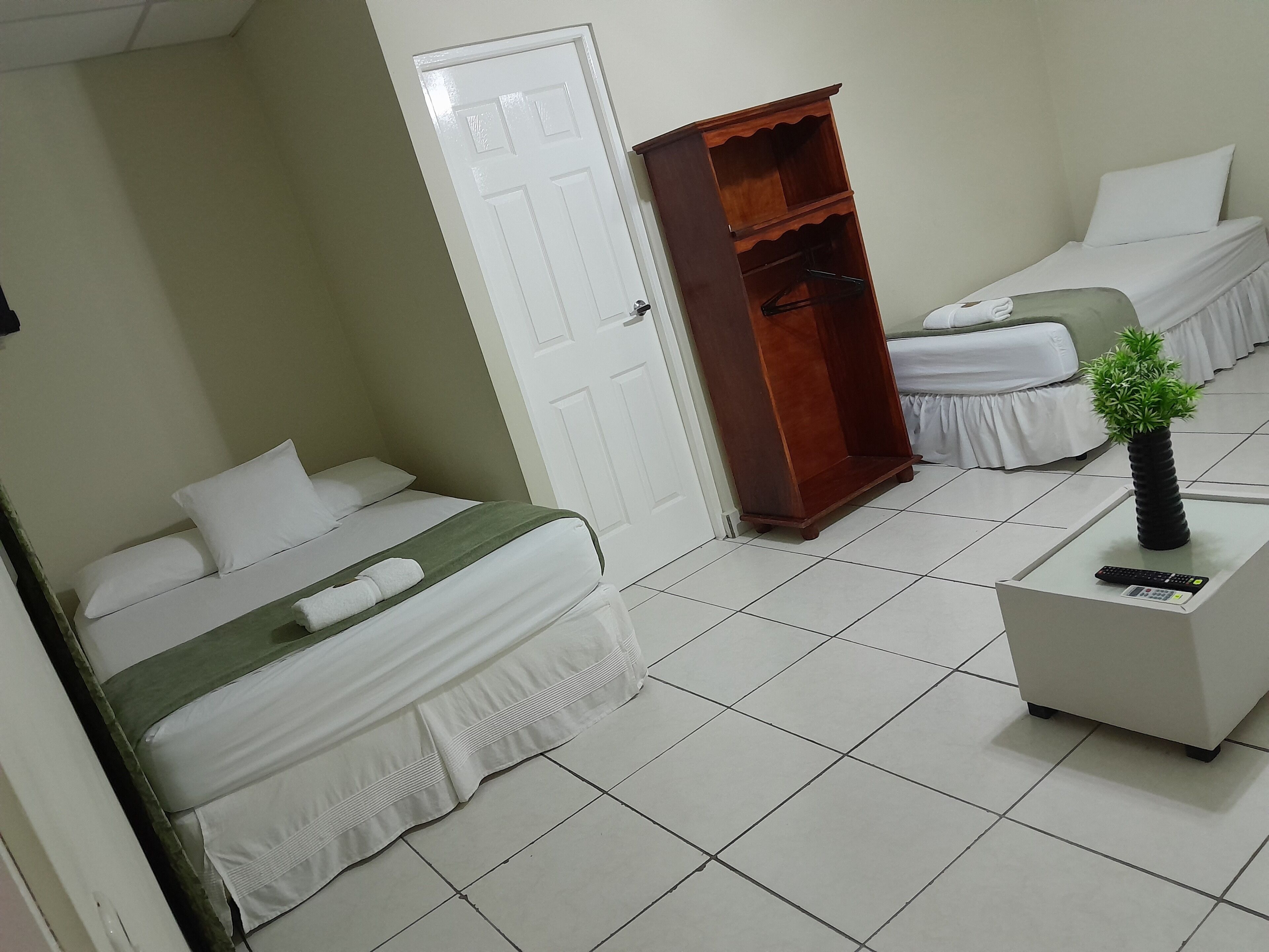 A hotel room with two beds, a wardrobe, a bedside table with a plant, and a remote control.