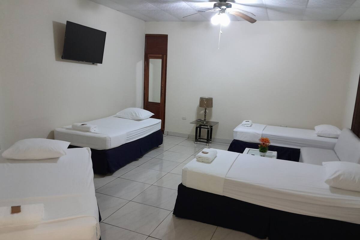 Une chambre d’hôtel avec deux lits simples, un canapé-lit, une télévision, un ventilateur de plafond et une petite table avec une lampe.