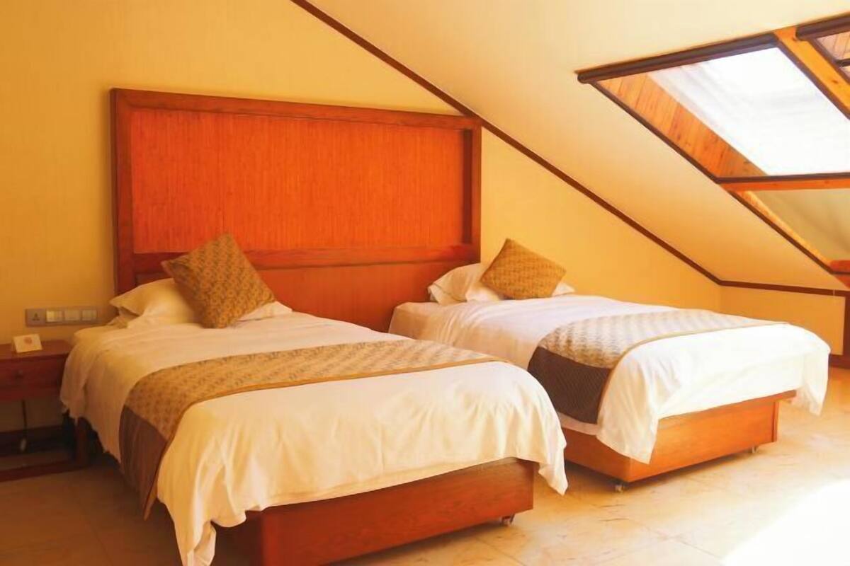 A bedroom with two beds, a wooden headboard, and a skylight.