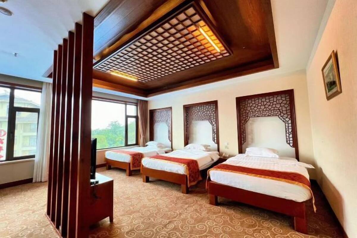 A hotel room with three beds, a TV, a wooden partition, and a patterned carpet.
