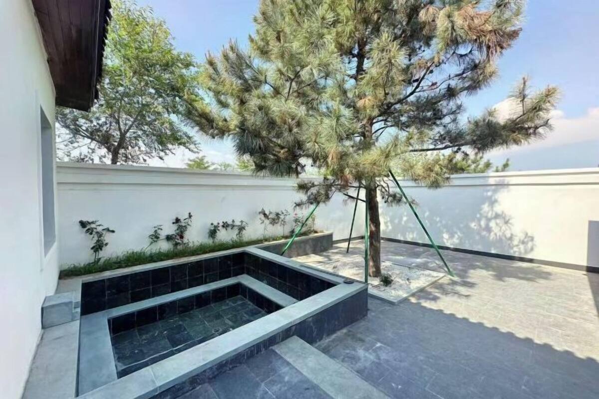 A spa area with a stone hot tub, a tree, and a white wall.