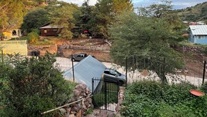 Una zona residencial con un sendero de piedra que lleva a una casa con techo de metal.