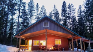 Une cabane en bois dotée d’un porche abrité, d’une cheminée et offrant une vue sur de grands pins.