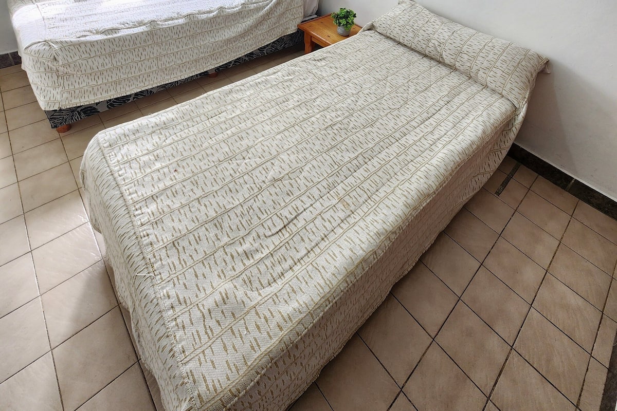 A room with two beds, a window with curtains, a small table with a plant, and tiled flooring.