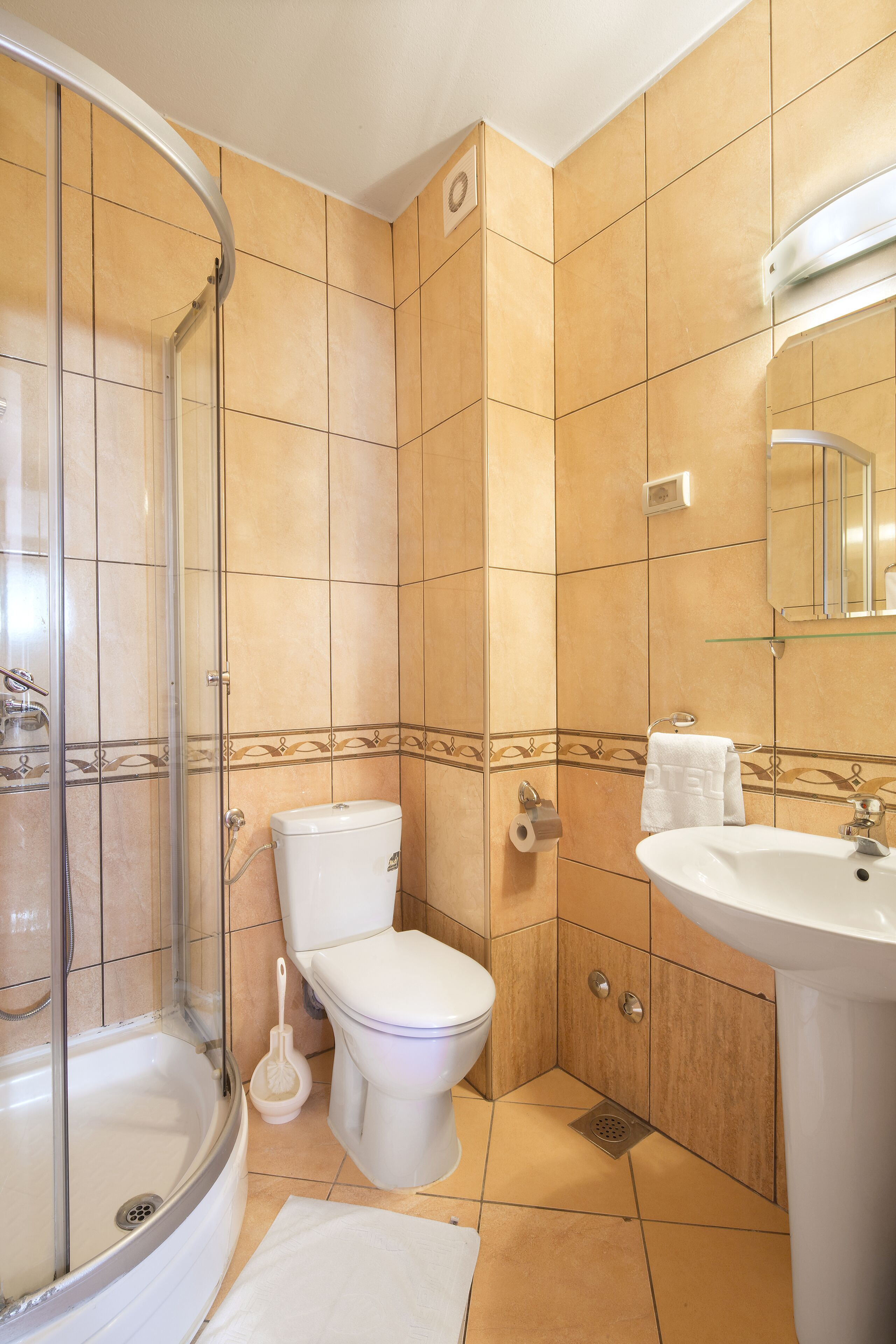 Un baño con ducha de vidrio, inodoro y lavamanos con espejo superior.