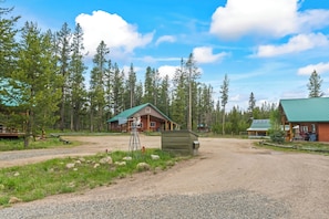A rustic cabin with a green roof, surrounded by a forest. - Stanley Stays - The Valley Creek Cabin (Stanley)