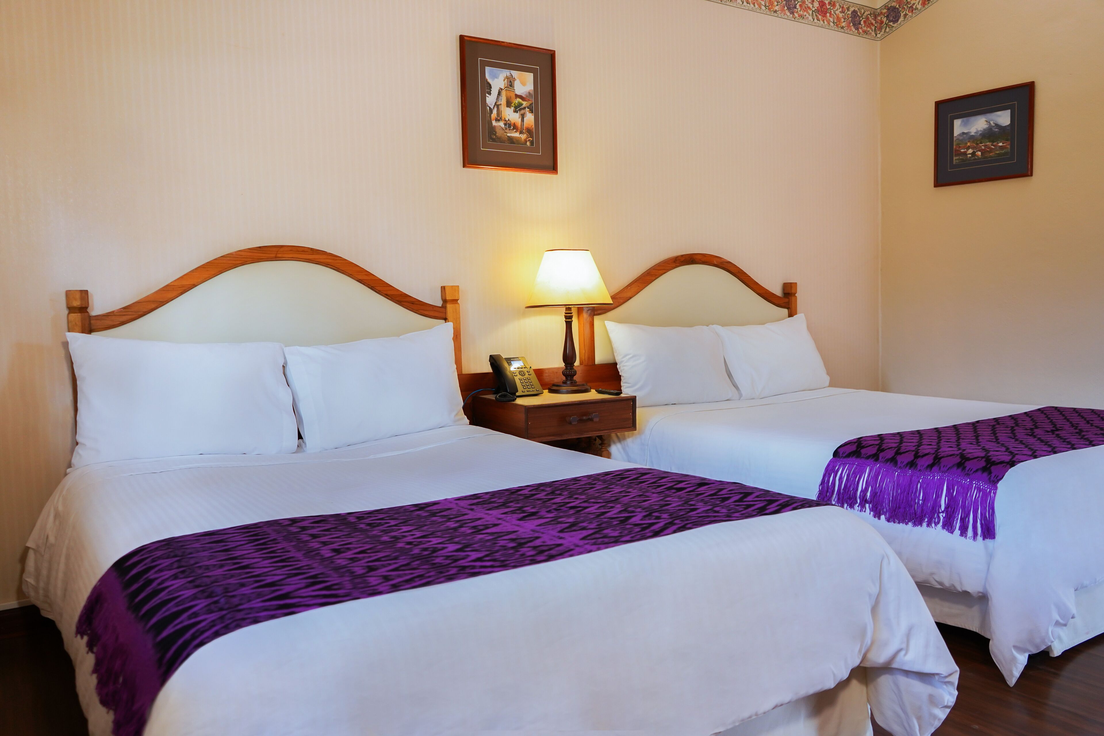 Two twin beds with white linens, a purple patterned throw blanket, a bedside table with a lamp, and a framed picture on the wall.