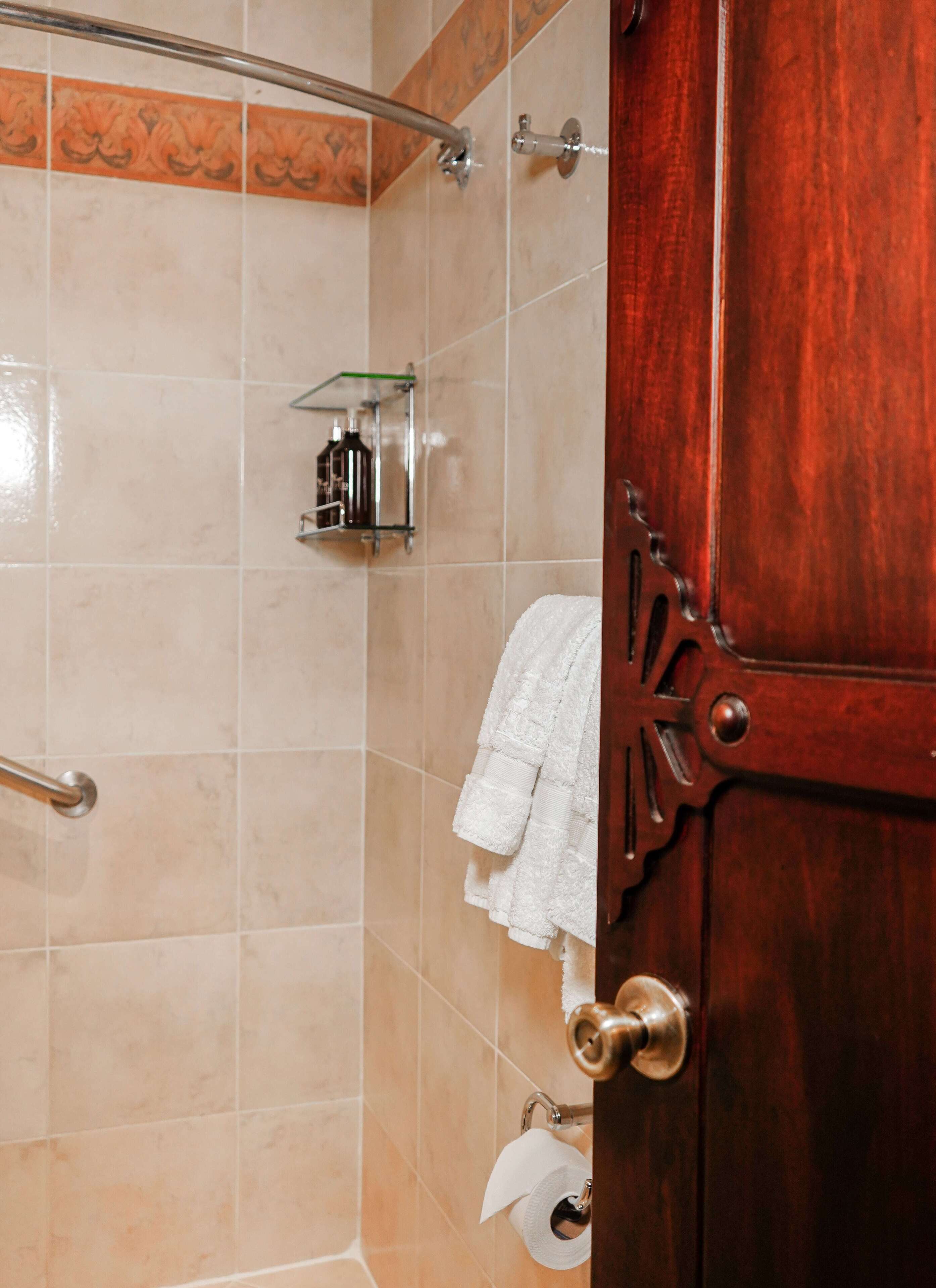 A bathroom with a wooden door, a towel rack, a glass shelf with toiletries, and a shower area.