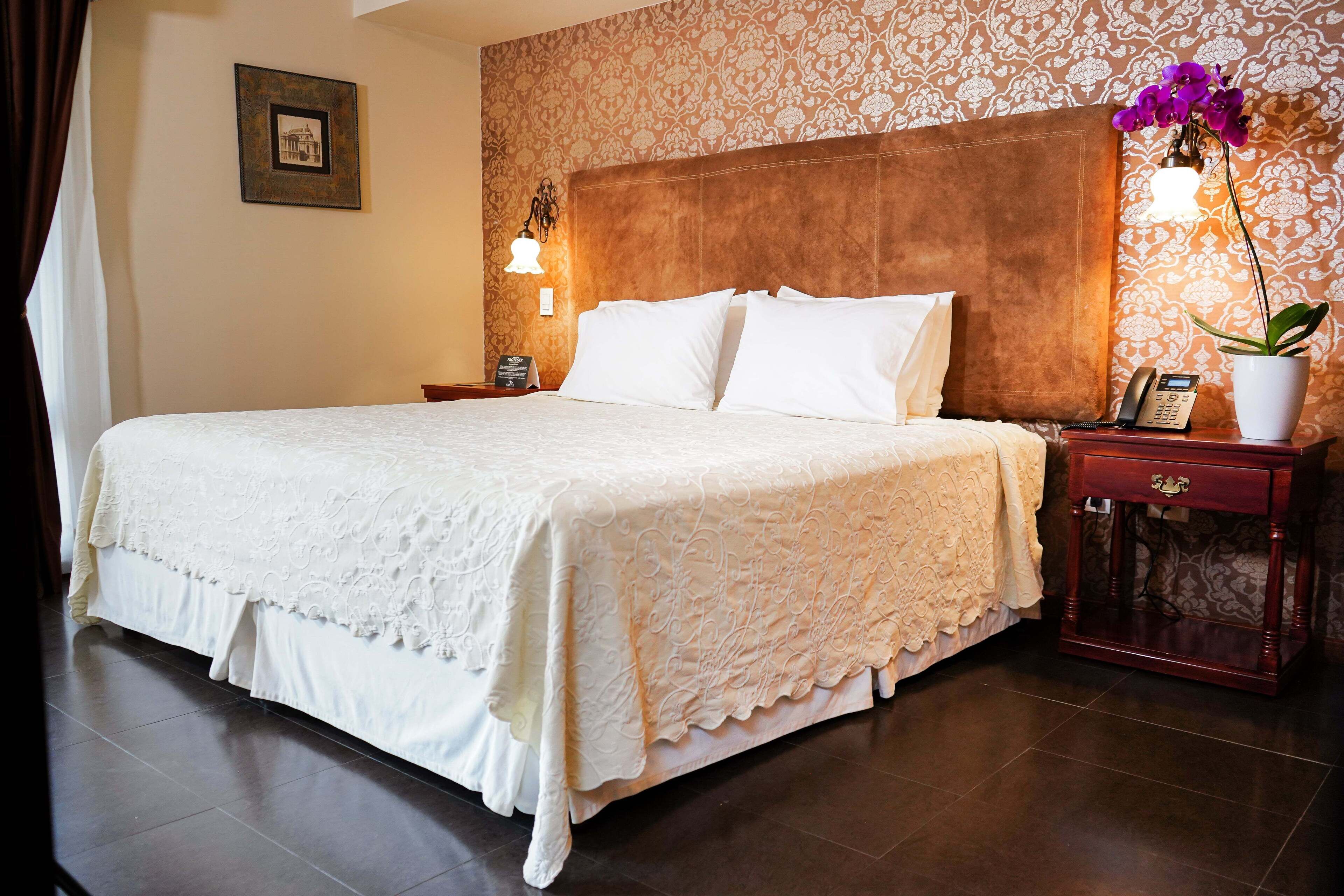 Una cama bien hecha con una colcha blanca, una mesita de noche de madera con un teléfono y una planta en maceta con flores moradas.