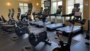 A gym with multiple treadmills and stationary bikes, large windows, and exercise equipment. - Cozy Spacious Luxury Home with lots of Positivity Energy! (Tobyhanna)
