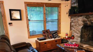 Smart TV, fireplace, books
