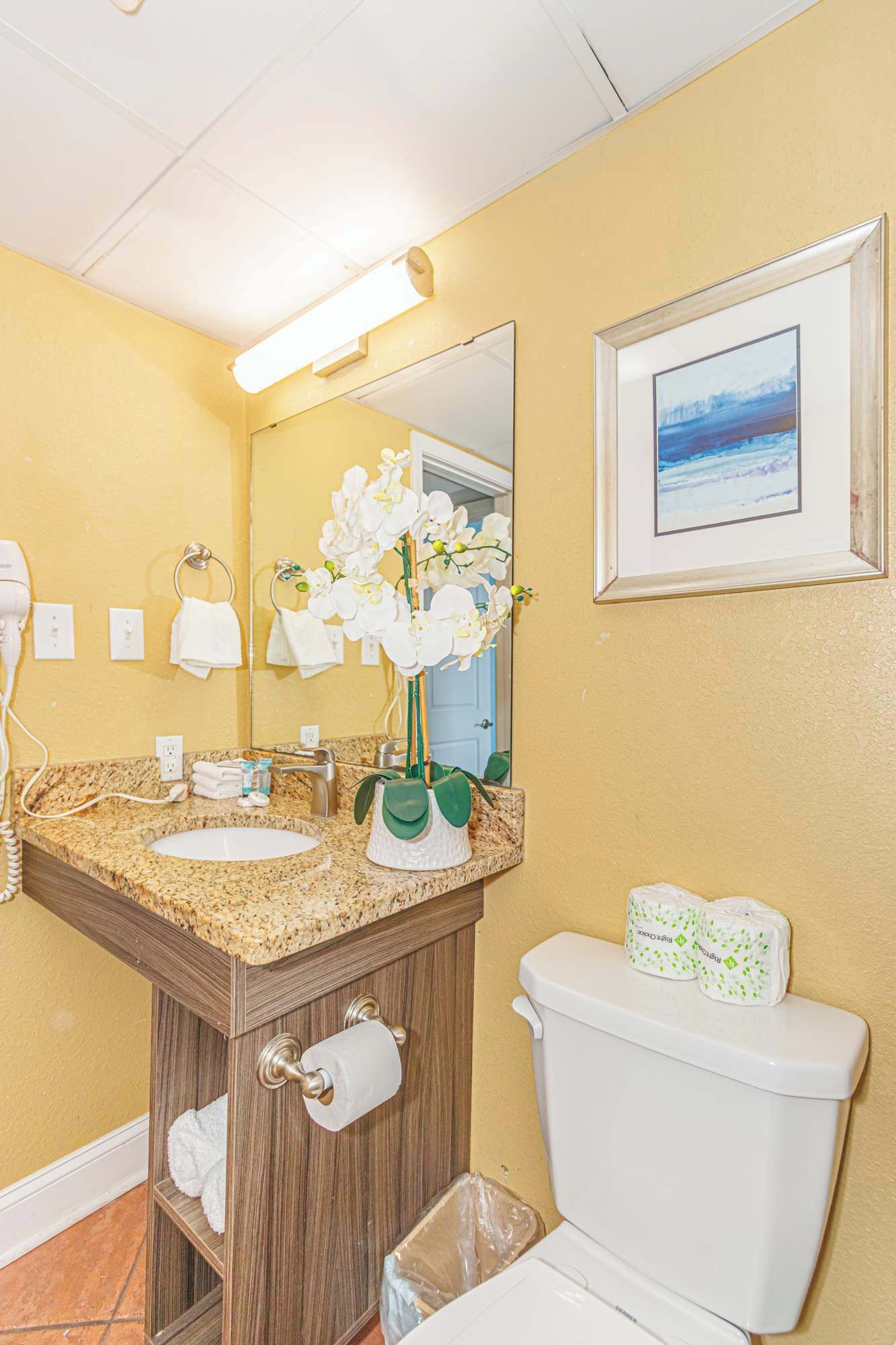 Une salle de bain avec un lavabo, un miroir, des toilettes et un tableau encadré au mur.