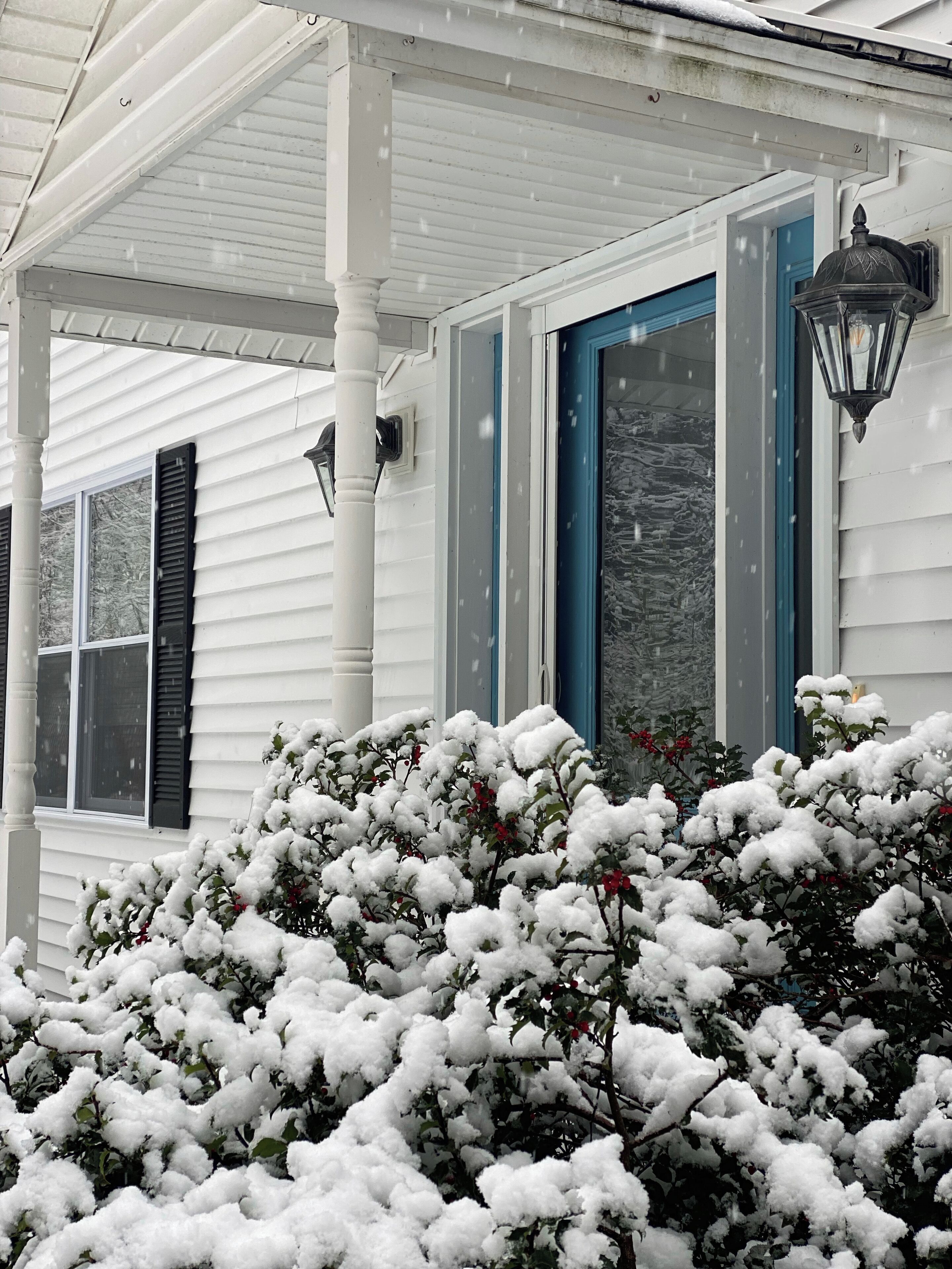 A house with a covered porch, a blue door, and snow-covered bushes.