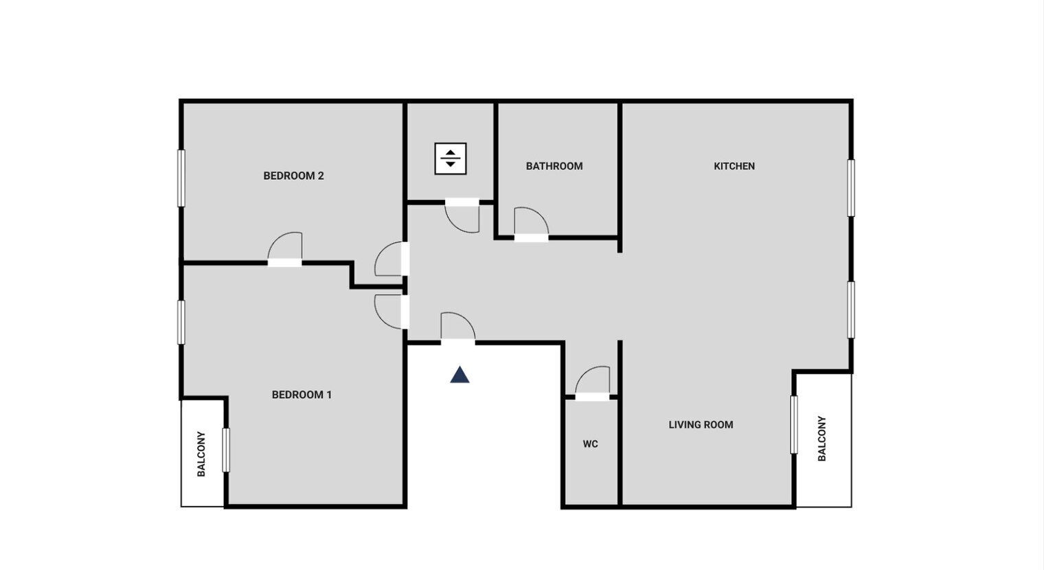 Un plan d’étage comprenant deux chambres, une salle de bain, une cuisine, un salon et deux balcons.