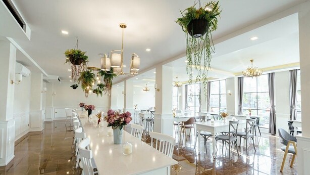 Un comedor amplio con una larga mesa blanca rodeada de sillas blancas, plantas colgantes e iluminación colgante.