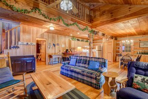 TV, fireplace - On The River: Dog Friendly Cabin in Valle Crucis | Amazing River Frontage! (Banner Elk)