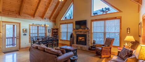 薄型テレビ、暖炉、DVD プレーヤー