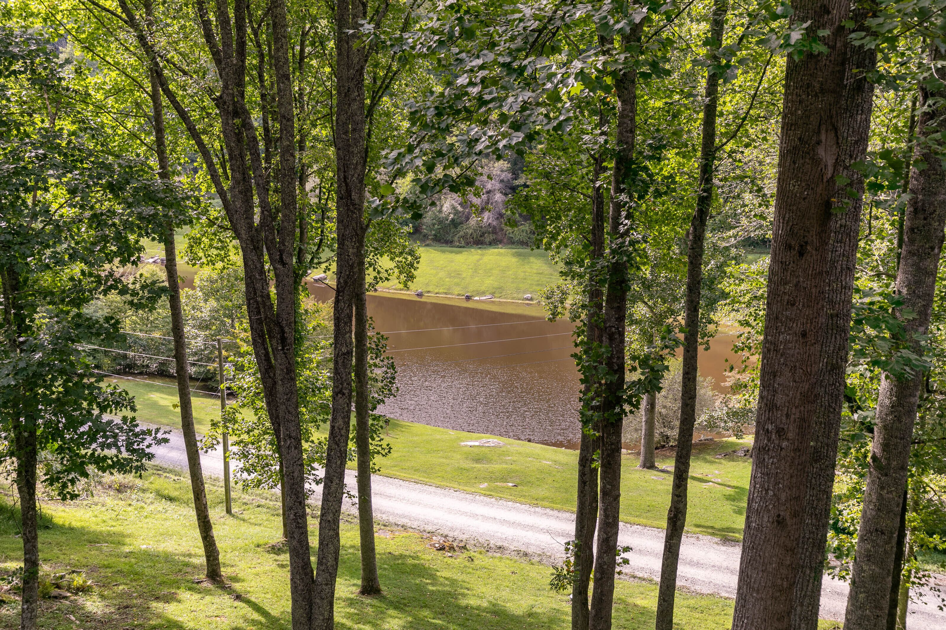 A view of a river with trees in the foreground and a grassy area in the background.