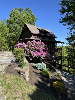 Un chalet rustique, accessible par un sentier de pierres, entouré d’une végétation luxuriante et d’arbustes en fleurs.