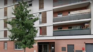 Um edifício residencial de vários andares com fachada de tijolos, varandas e uma árvore na frente.