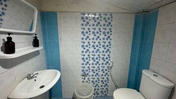 A bathroom with a white sink, a toilet, and a shower area.