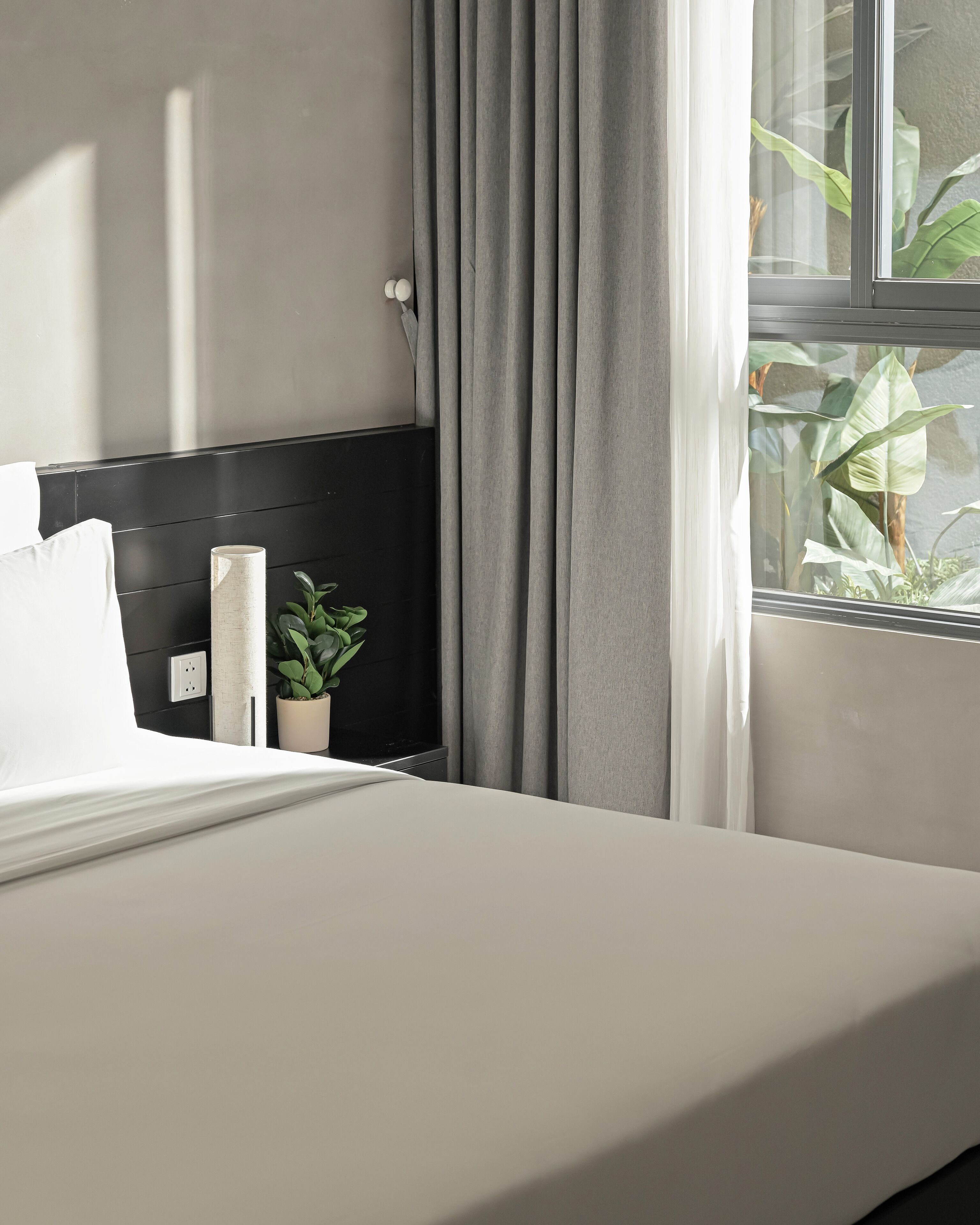 A hotel room with a bed, a small potted plant, a wall socket, and a window with curtains.
