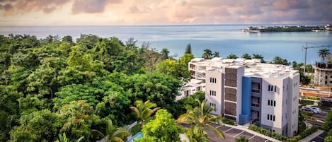 A hotel with a pool, surrounded by lush greenery and a view of the sea.