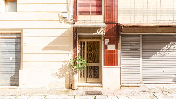 Un edificio con una puerta metálica cerrada, una planta en maceta y un escalón que lleva a la entrada.