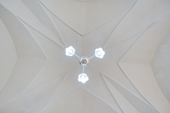 A ceiling with a central light fixture and geometric patterns.