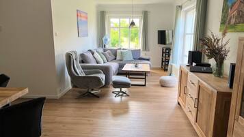 TV, fireplace, books, stereo