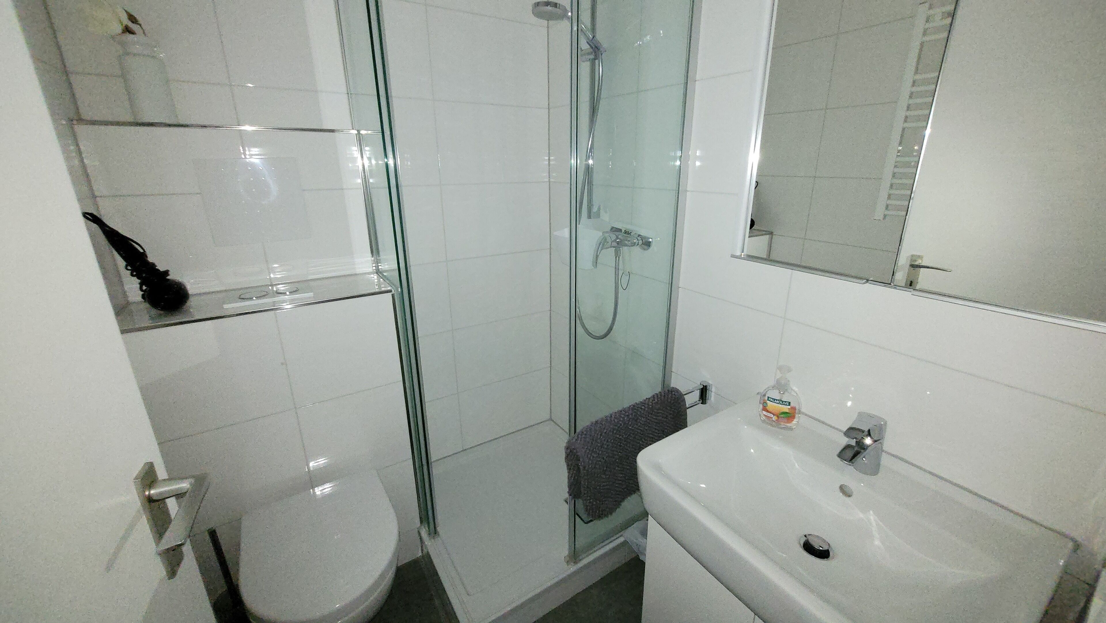 Ein Badezimmer mit Duschkabine, Toilette und Waschbecken mit Spiegel.