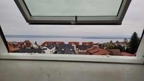 Blick aus einem Fenster mit Oberlicht auf ein Wohngebiet mit Häusern und ein Gewässer in der Ferne.