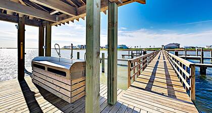 Modern bayfront home with private dock & access to a pool & firepit